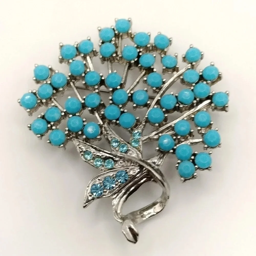 Silver Tone Blue Beading and Rhinestones Brooch 2